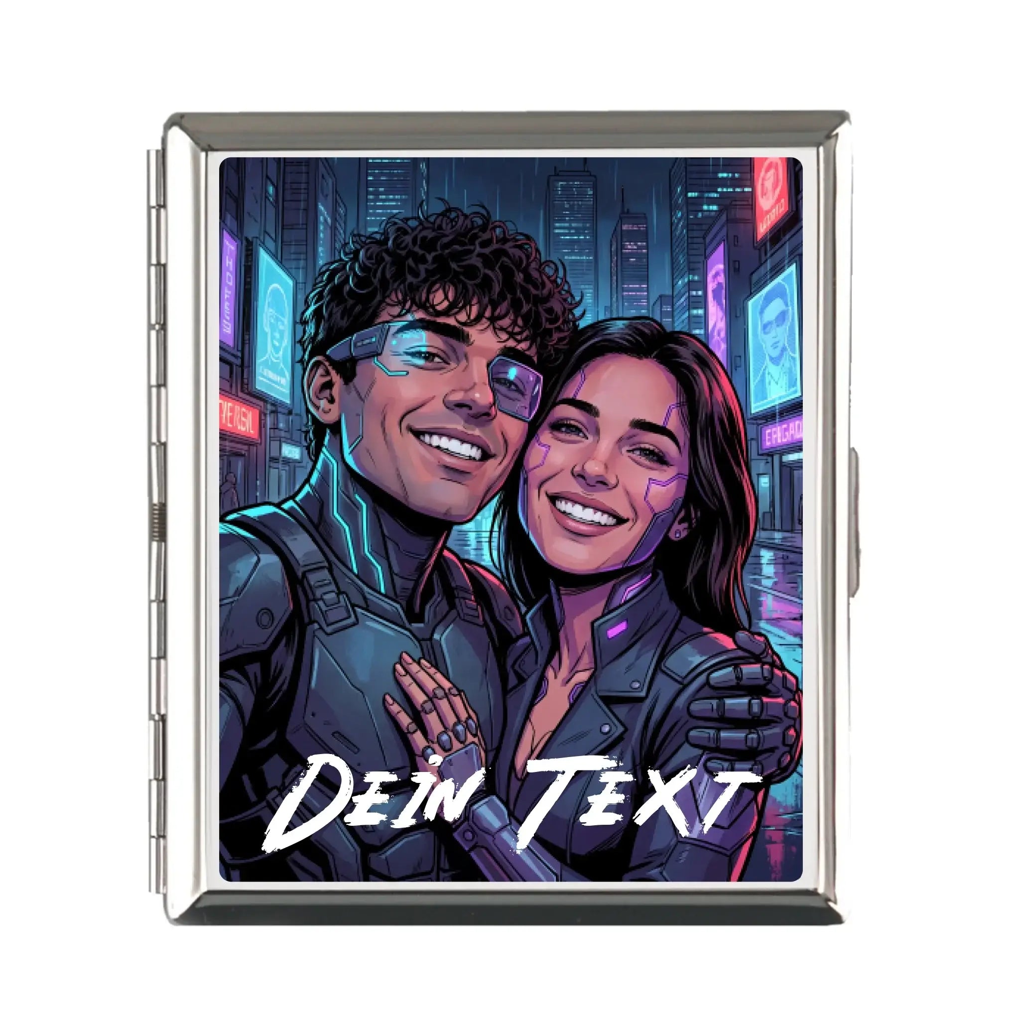 Silberner rechteckiger zigarettenetui mit neon cyberpunk illustration zweier lächelnder charaktere vor einer leuchtenden stadt