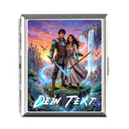 Silberner zigarettenetui mit rechteckigem rahmen und farbenfroher fantasy-illustration zweier figuren auf klippe