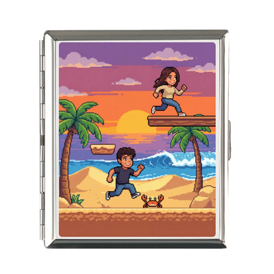 Silbernes rechteckiges zigarettenetui mit pixel-art illustration von laufenden personen am sonnenuntergang am meer