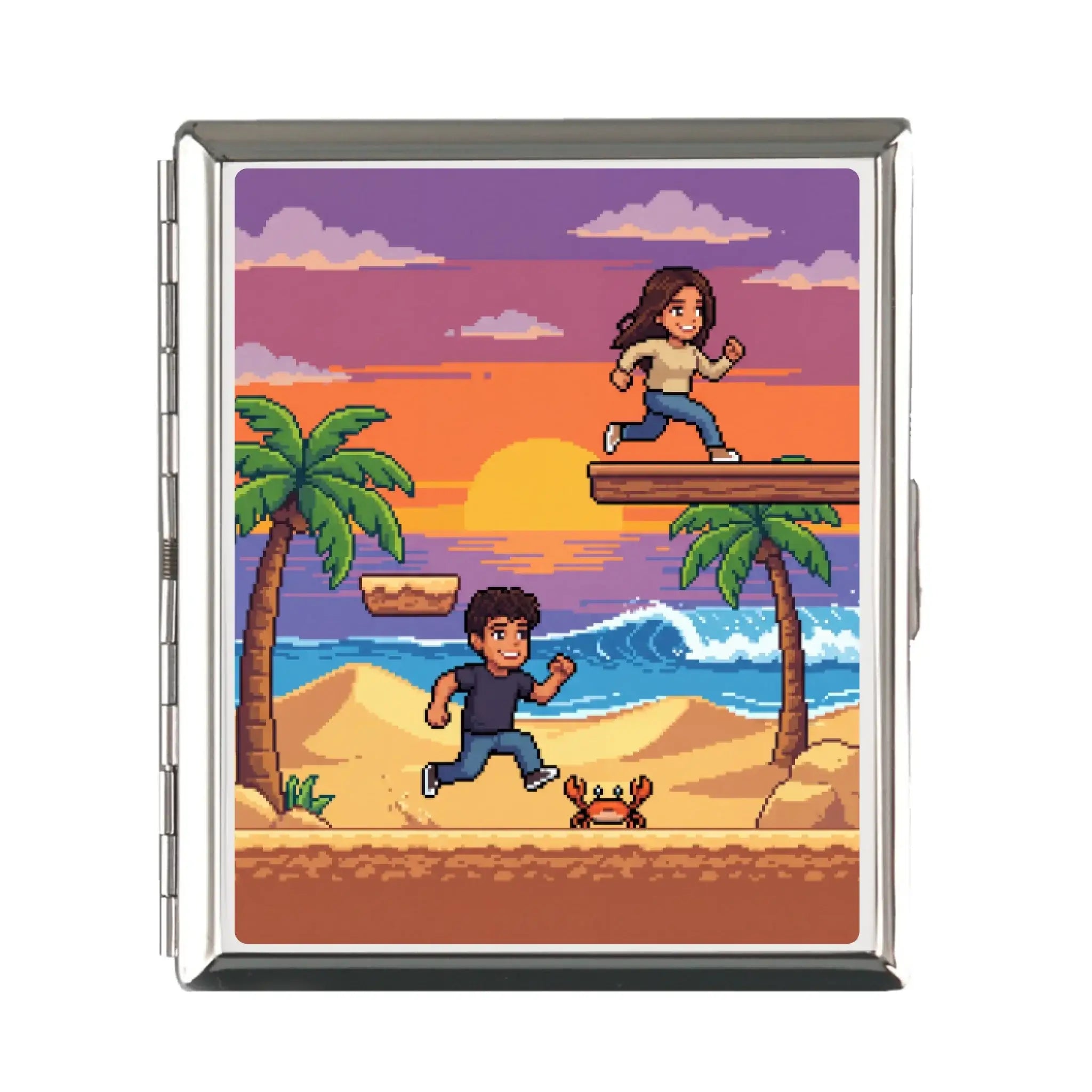 Silbernes rechteckiges zigarettenetui mit pixelart laufende personen am strand sunset palm trees crab design