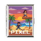 Ein rechteckiges metallisches zigarettenetui mit pixelart design von zwei kindern am strand bei sonnenuntergang