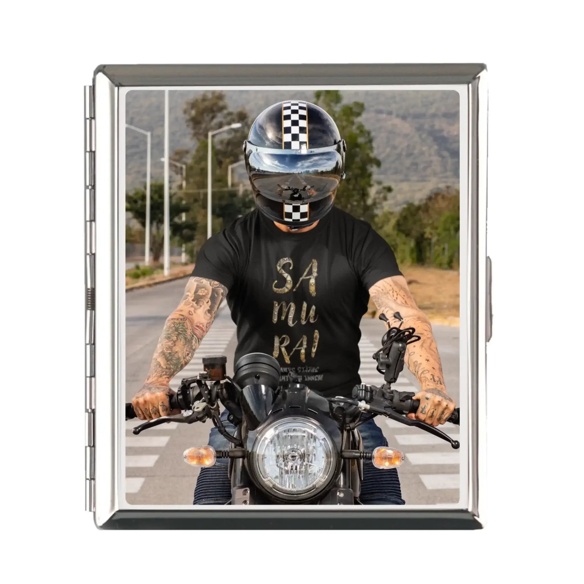 Silbergerahmtes rechteckiges zigarettenetui mit individuellem bikerfoto und personlisierbarem text