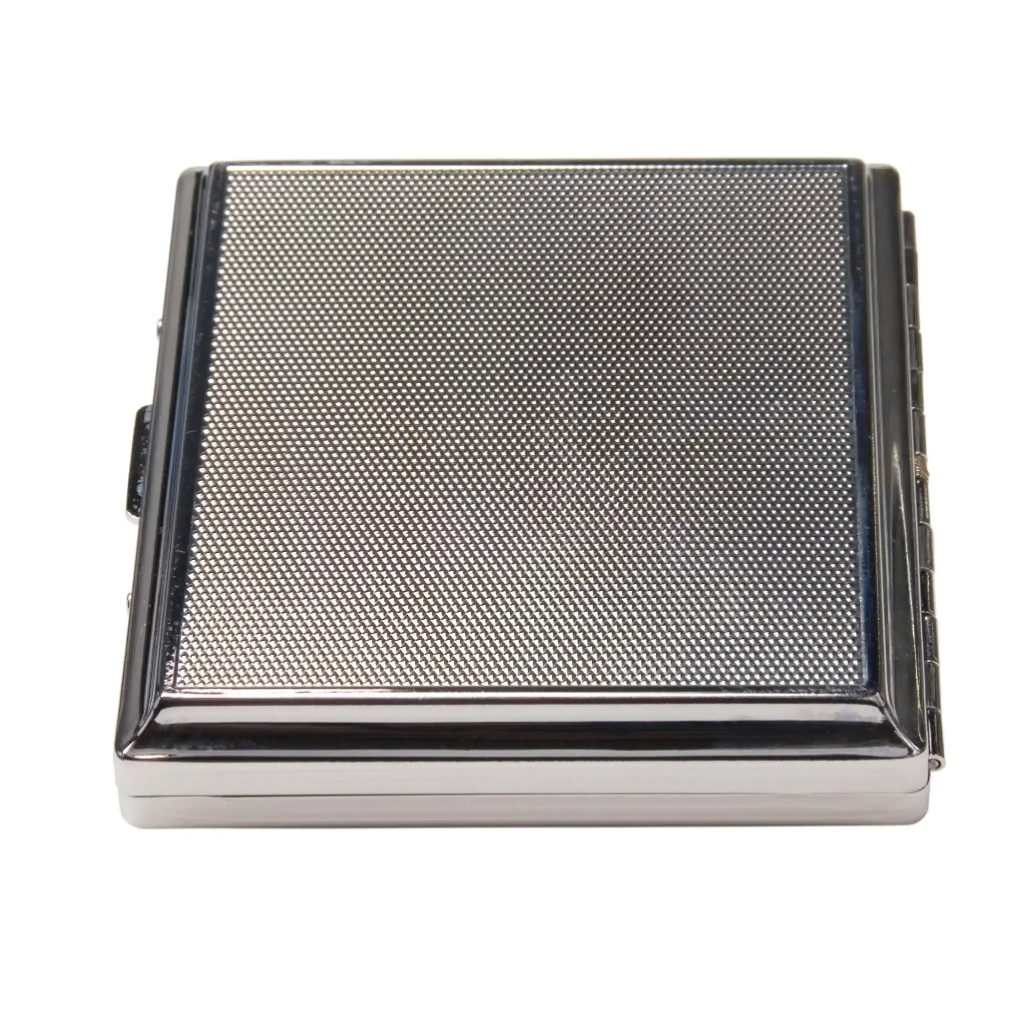 Silbernes metallic zigarettenetui mit texturiertem gittermuster auf dem deckel und polierten kanten personalisierbar