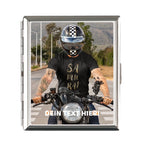 Silberrahmen rechteckiges zigarettenetui mit foto biker im schwarzen helm checkered t-shirt samurai personalisierbar