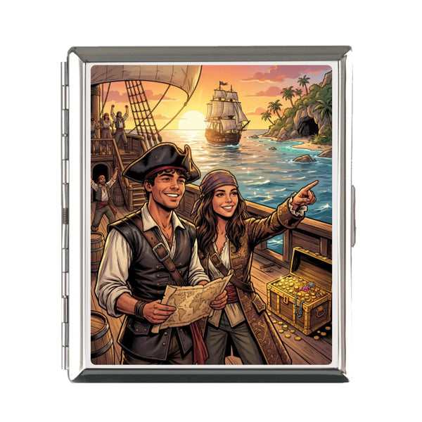 Silbernes rechteckiges zigarettenetui mit bunter piratenillustration und warmen sonnenuntergangstönen für 16-20 zigaretten
