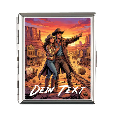Silbernes rechteckiges zigarettenetui mit lebendigem western-motiv cowboy und cowgirl im sonnenuntergang
