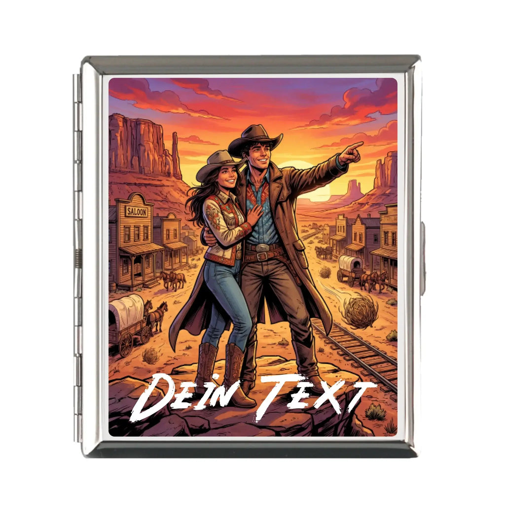 Silbernes rechteckiges zigarettenetui mit lebendigem westernmotiv cowboy und cowgirl bei sonnenuntergang in orange und lila