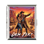 Silbernes rechteckiges zigarettenetui mit lebendigem westernmotiv cowboy und cowgirl bei sonnenuntergang in orange und lila