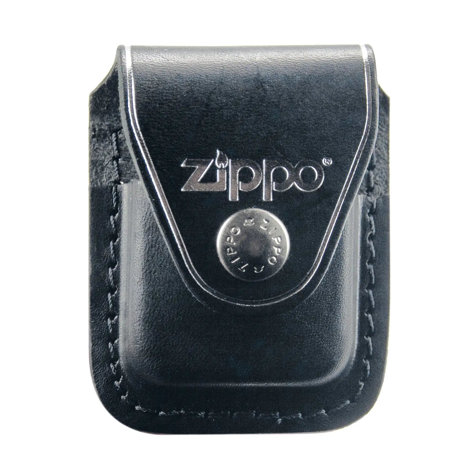Black leder zippo feuerzeug gürteltasche mit silbernem geprägtem logo und knopfdruckverschluss