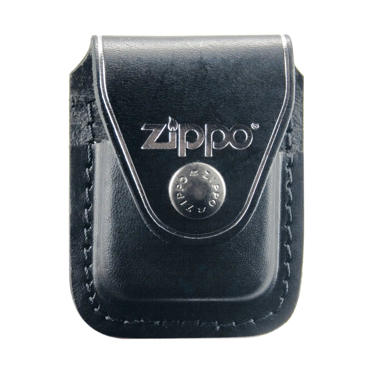 Black leder zippo feuerzeug gürteltasche mit silbernem geprägtem logo und knopfdruckverschluss