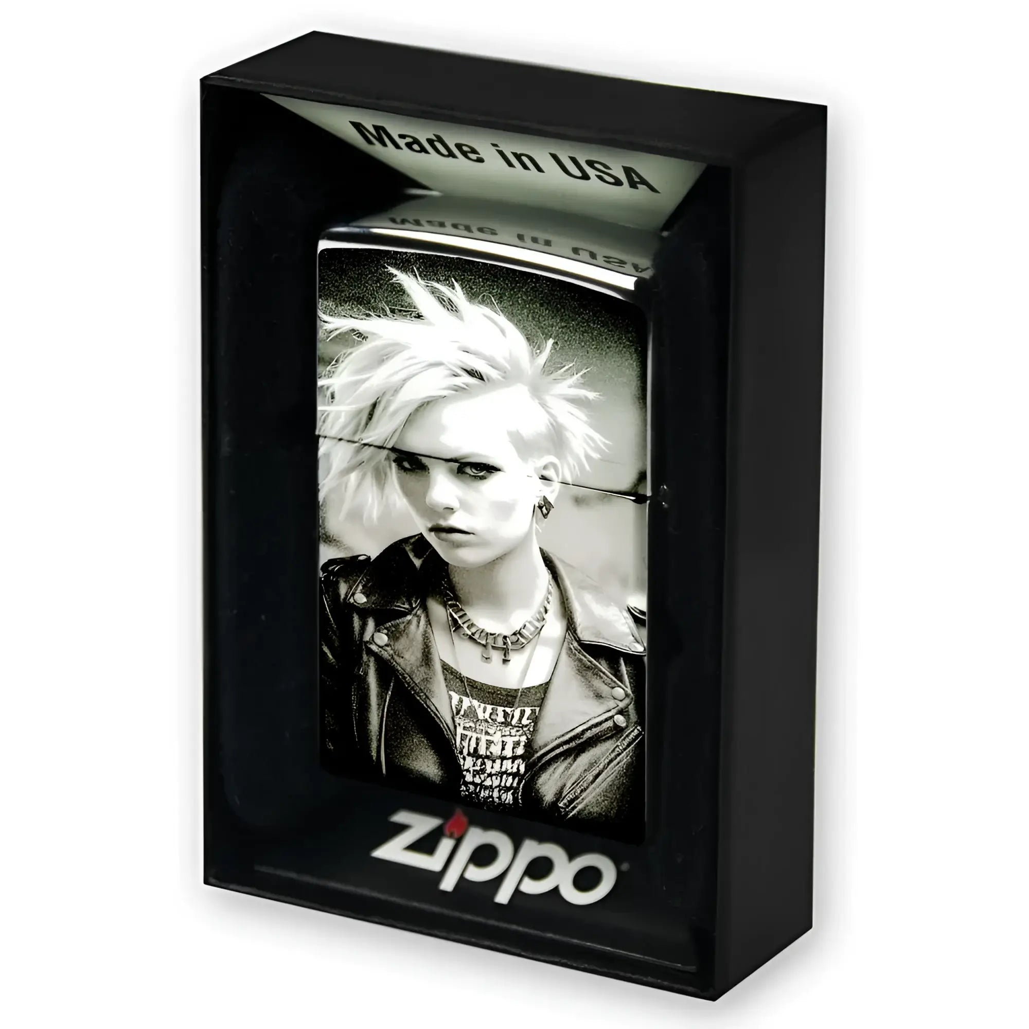 Schwarzes zippo feuerzeug mit lasergravur eines punk frauenporträts mit Irokesenschnitt und lederjacke made in usa
