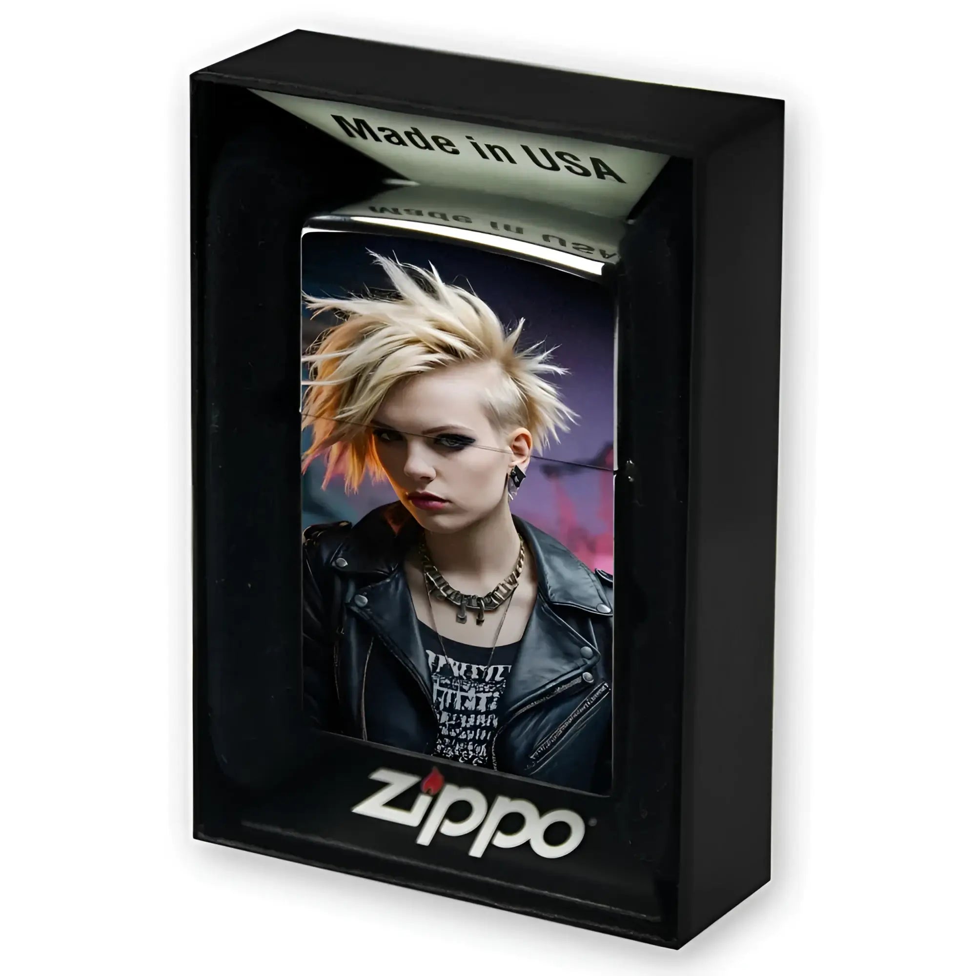 Schwarzes zippo feuerzeug mit punk-style frau mit blonden spitzen haaren und dunklem make-up personalisierbar
