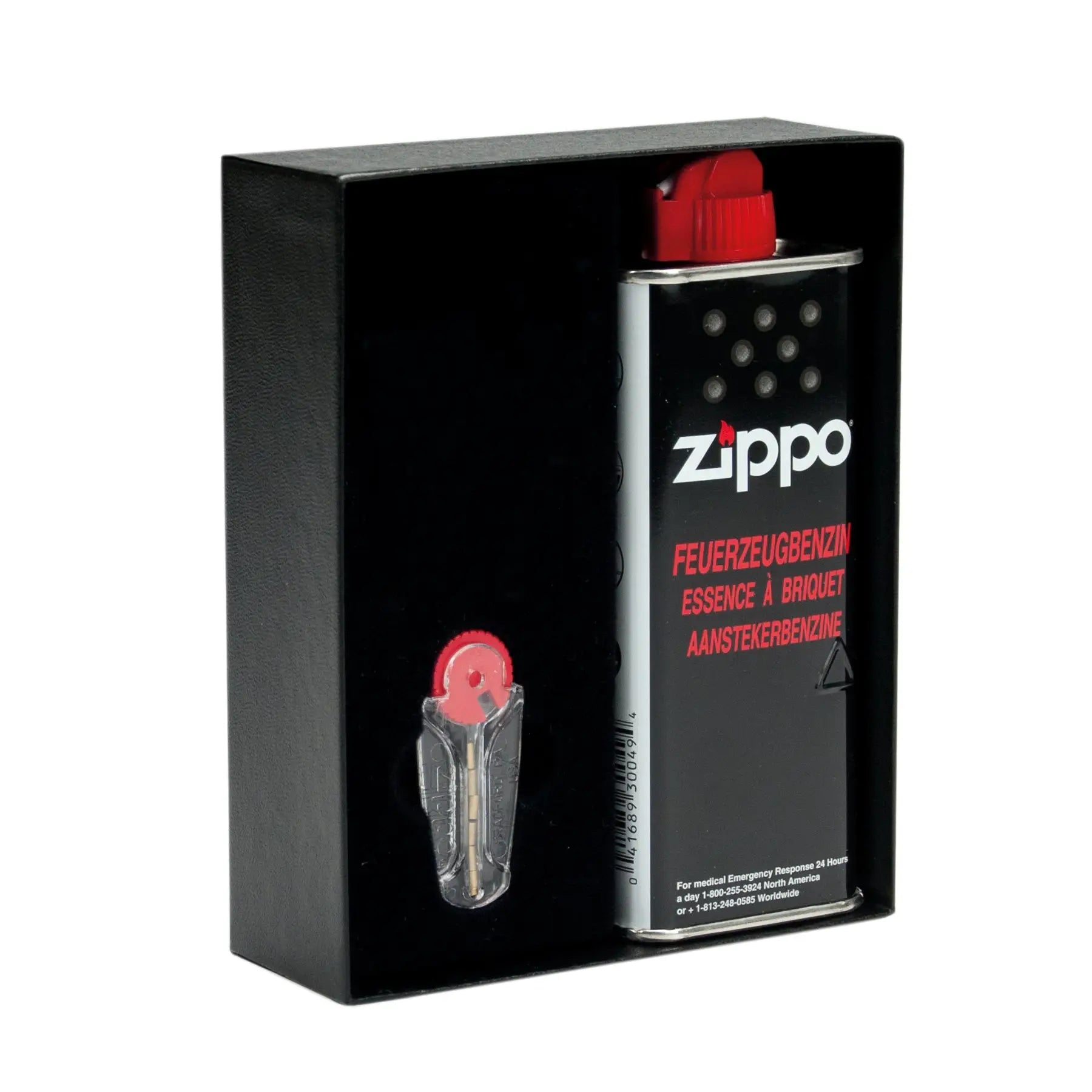 Black zippo nachfüll-geschenkbox mit rotem deckel silbernen akzenten inklusive feuerzeugbenzin und feuersteinen