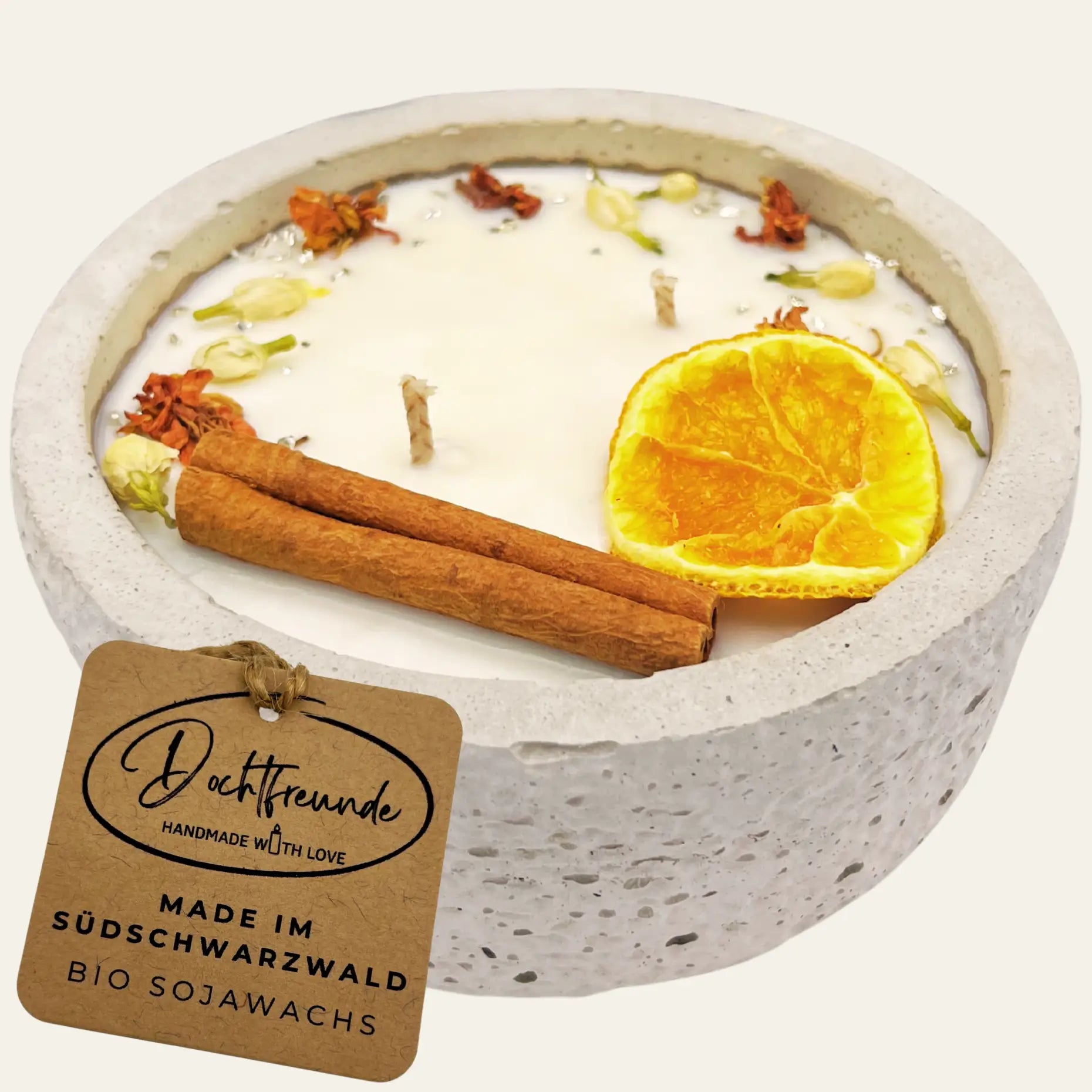 Zwei Docht Betonkerze Betongrau „Grey Orange“ für Herbst und Winter - Stilvolle Aroma Sojawachskerze für Ihr Zuhause.