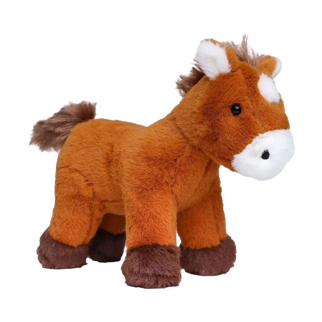 Kleines zwergpony luna plüschtier braunes stoffpferd mit weißen gesichtsmerkmalen und dunklen augen, 15 cm groß