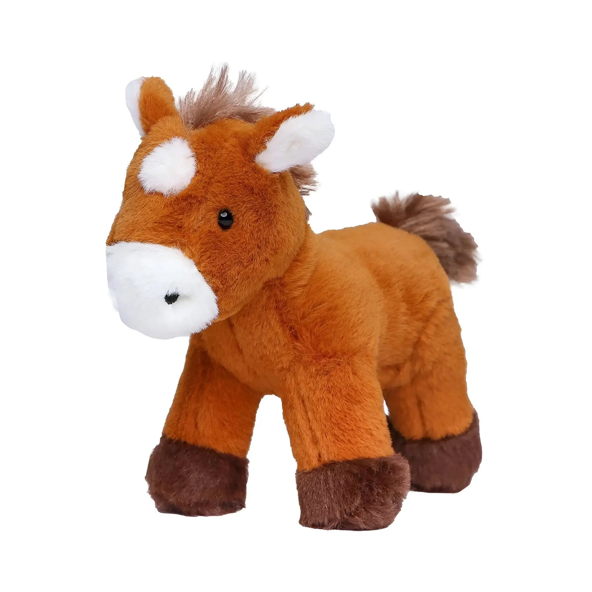 Kleines braunes plüschpferd zwergpony luna mit weißer schnauze nasenfleck und ohrspitzen, 15 cm groß